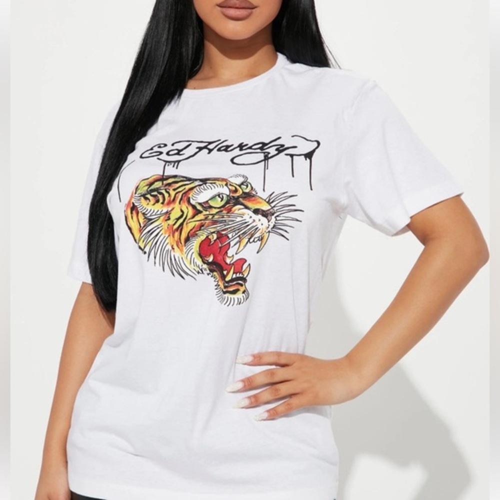 Ed Hardy White Screaming Tiger Short Sleeve Y2K Graphic T-Shirt Size XL NWT